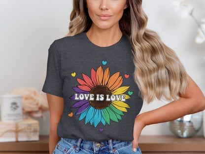 Dark grey t-shirt with rainbow sunflower and "LOVE IS LOVE" text.