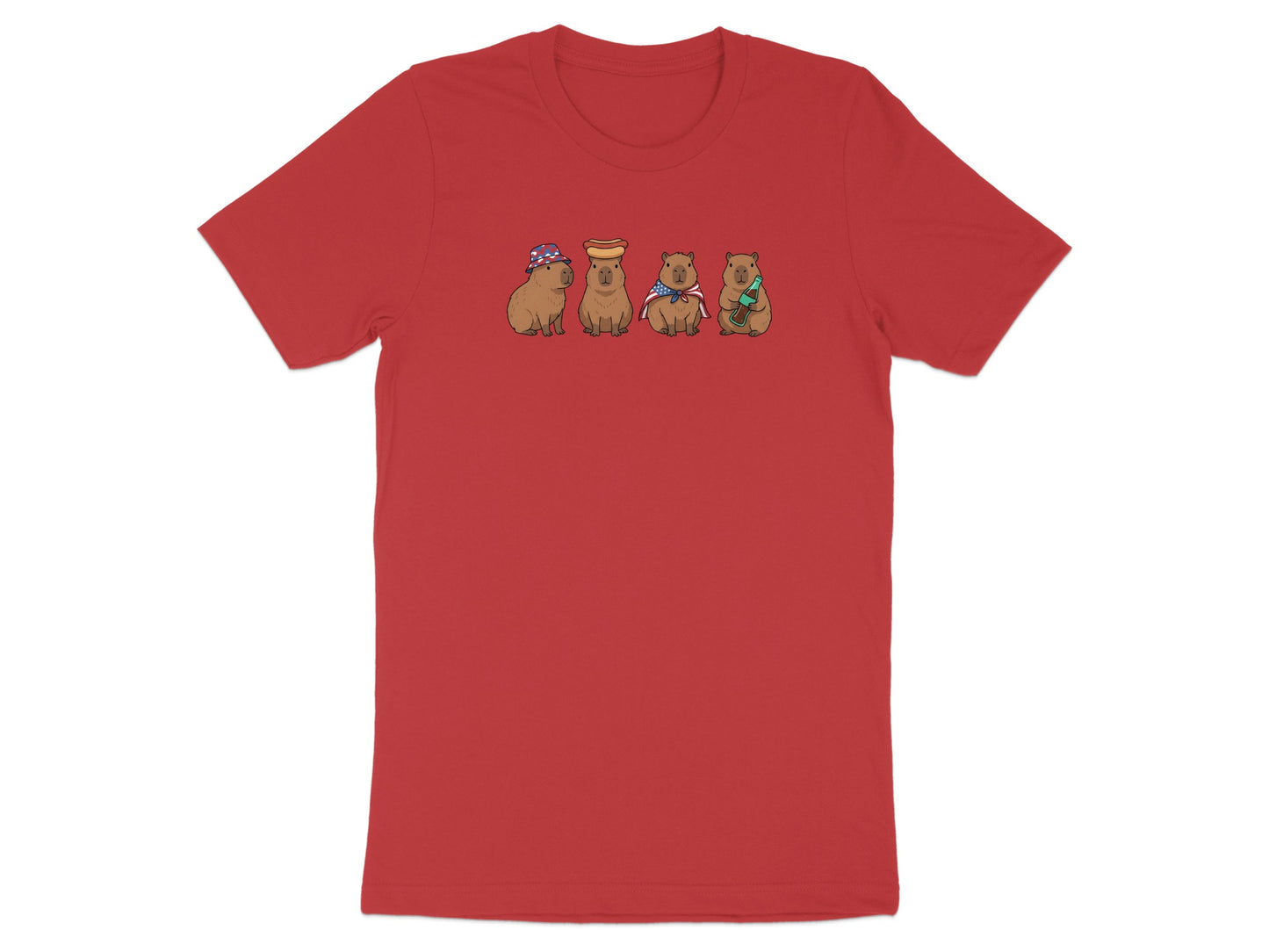 Four capybaras wearing accessories, on a red t-shirt.