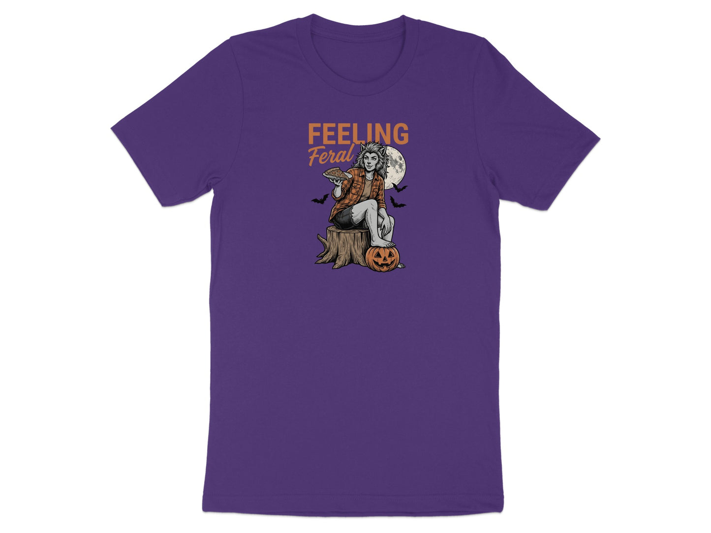 Purple t-shirt with "FEELING Feral" text and a werewolf holding pizza.