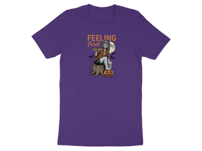 Purple t-shirt with "FEELING Feral" text and a werewolf holding pizza.