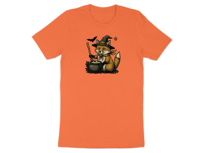 Fox wearing witch hat stirring cauldron with bats and leaf.