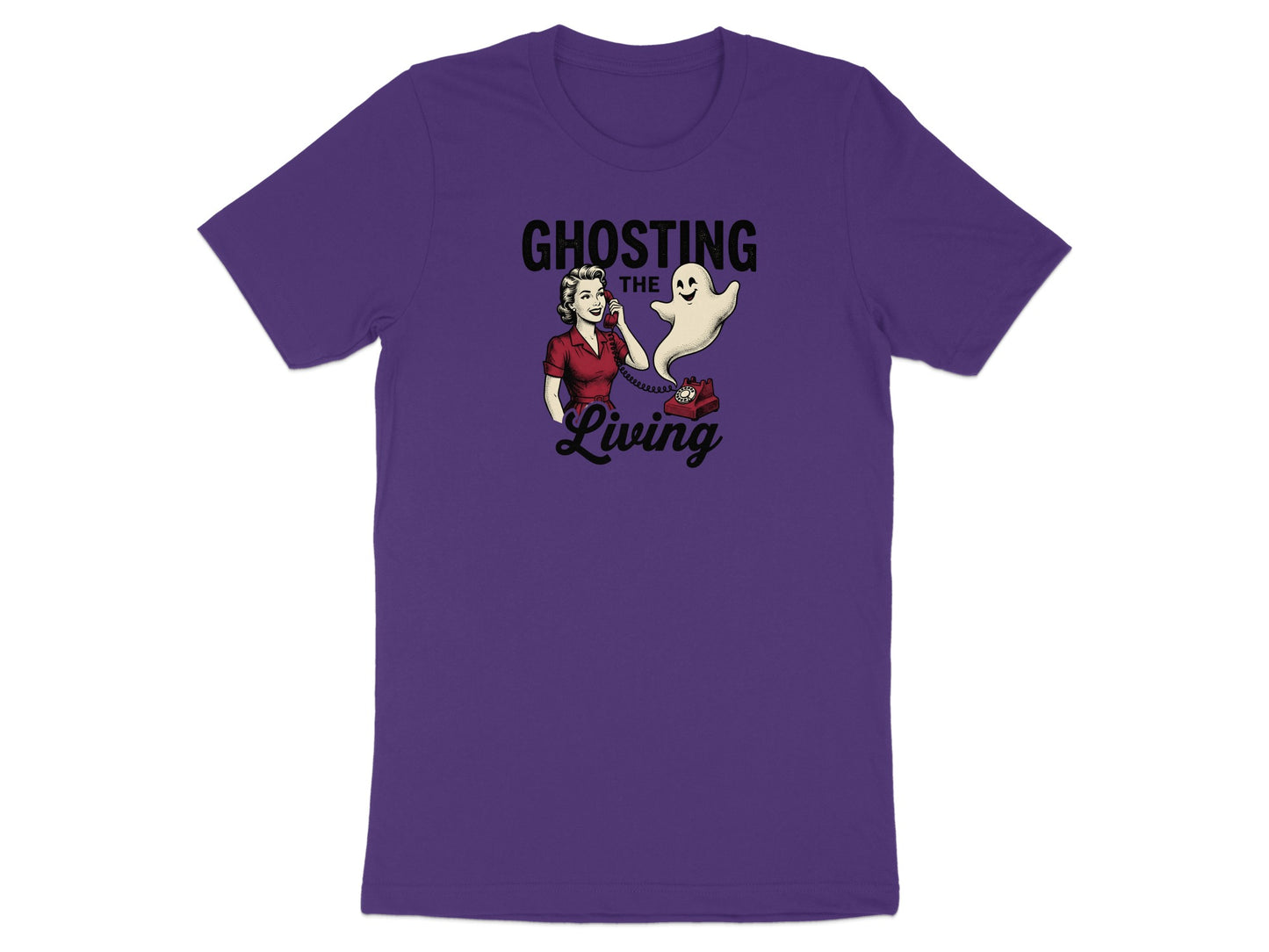 T-shirt with text "Ghosting the Living" featuring a woman on the phone with a ghost.