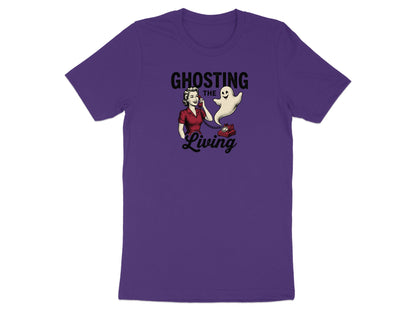T-shirt with text "Ghosting the Living" featuring a woman on the phone with a ghost.