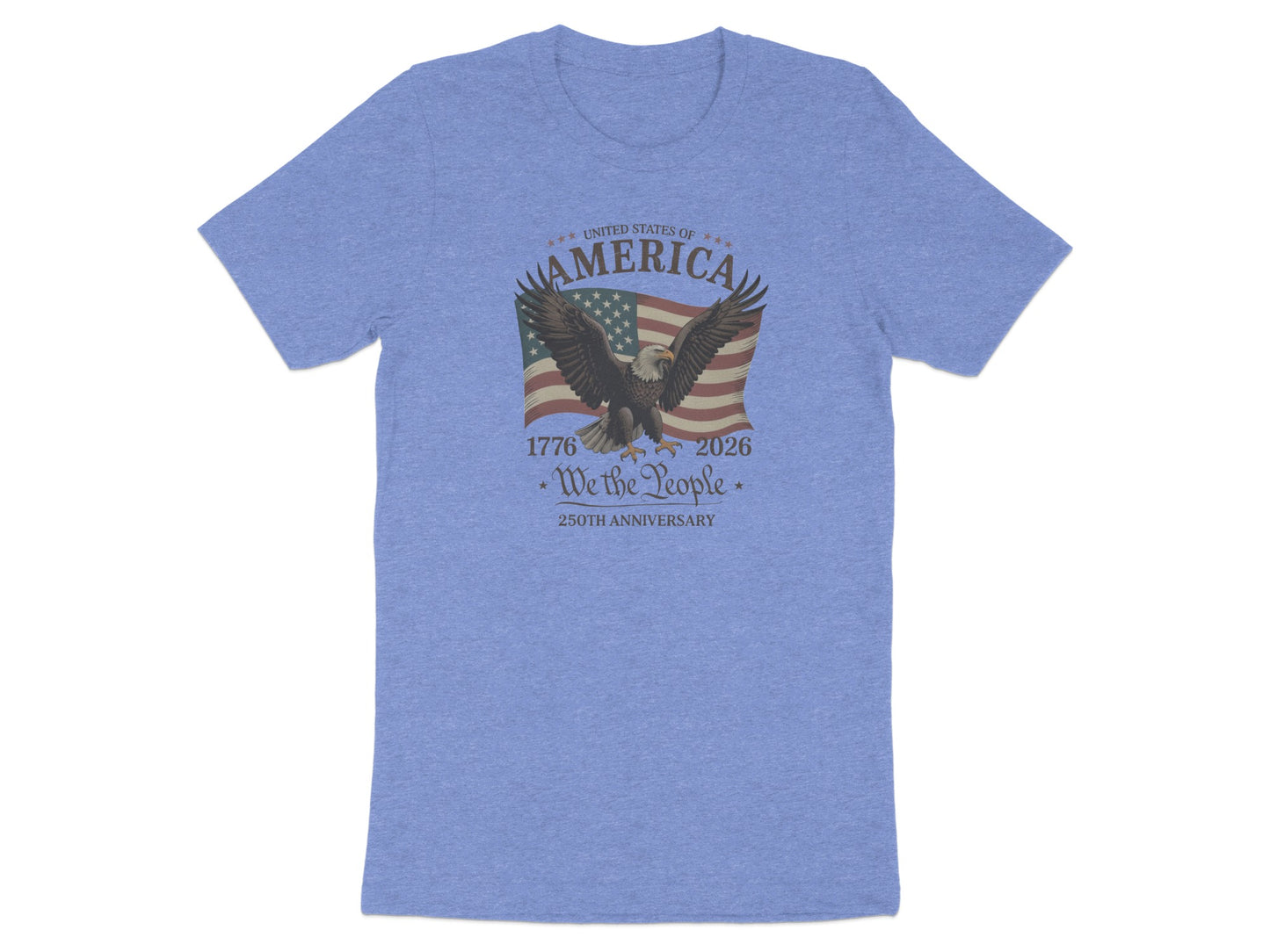 T-shirt with eagle and "United States of America 1776-2026 We the People 250th Anniversary" text.