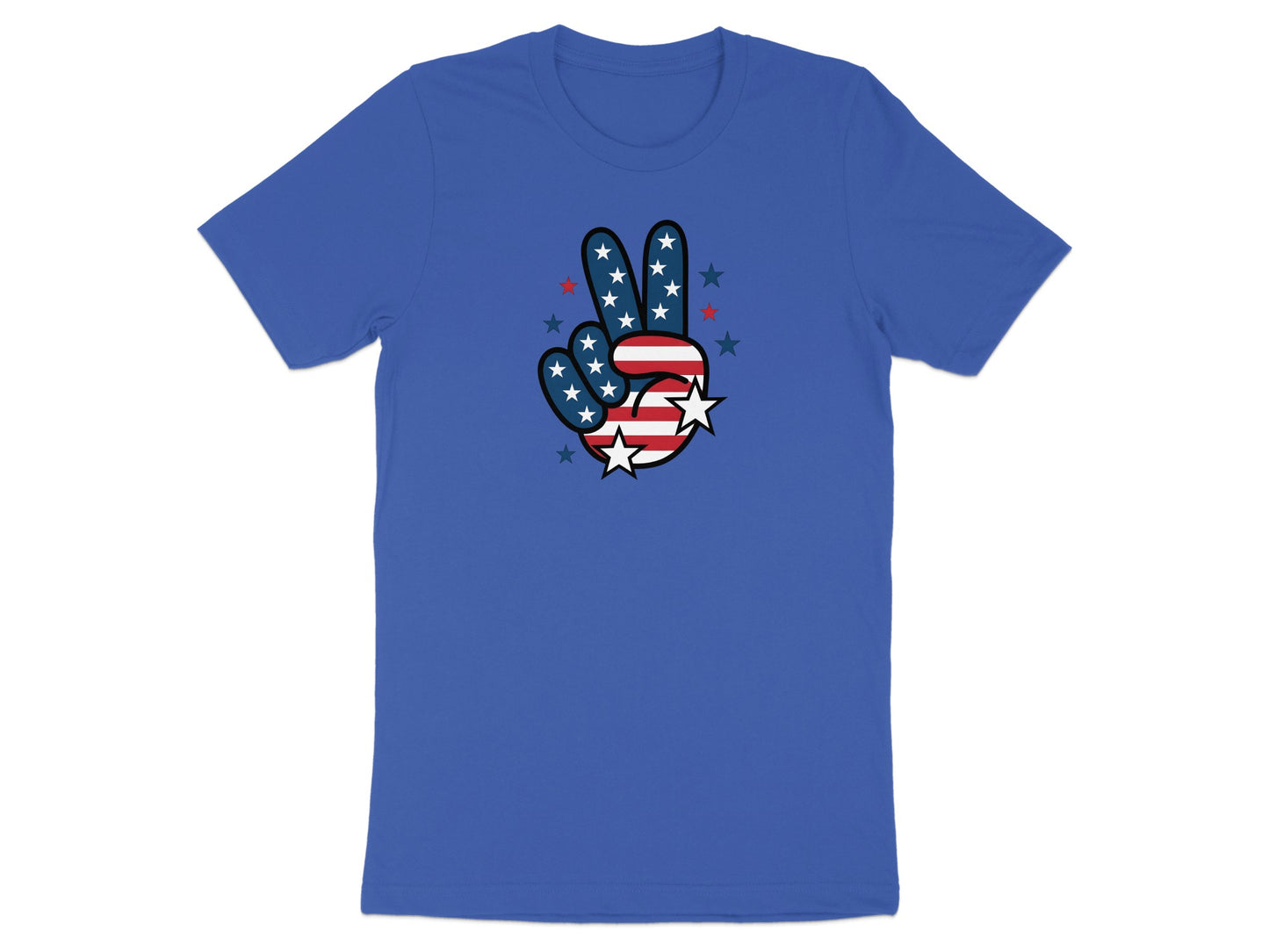 Blue t-shirt with a peace sign made of US flag stars and stripes.