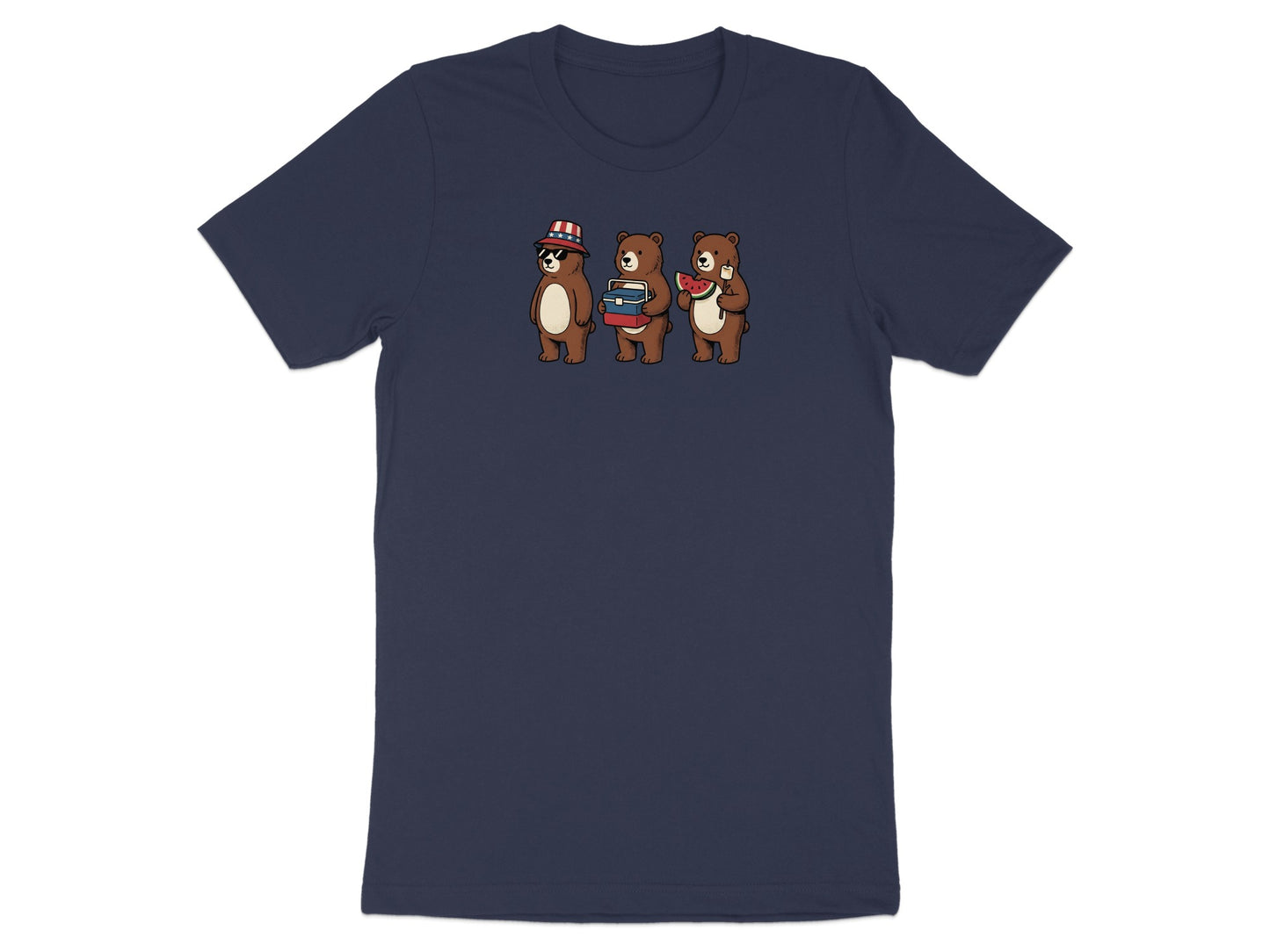 Three cartoon bears in patriotic hats, one reading, one holding watermelon.