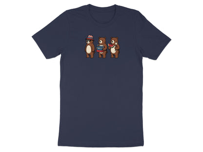 Three cartoon bears in patriotic hats, one reading, one holding watermelon.