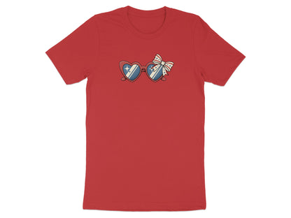 Red t-shirt with heart-shaped sunglasses featuring patriotic stars and stripes.