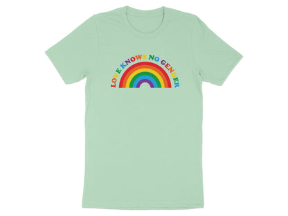 Pale green t-shirt with "LOVE KNOWS NO GENDER" above a rainbow graphic.