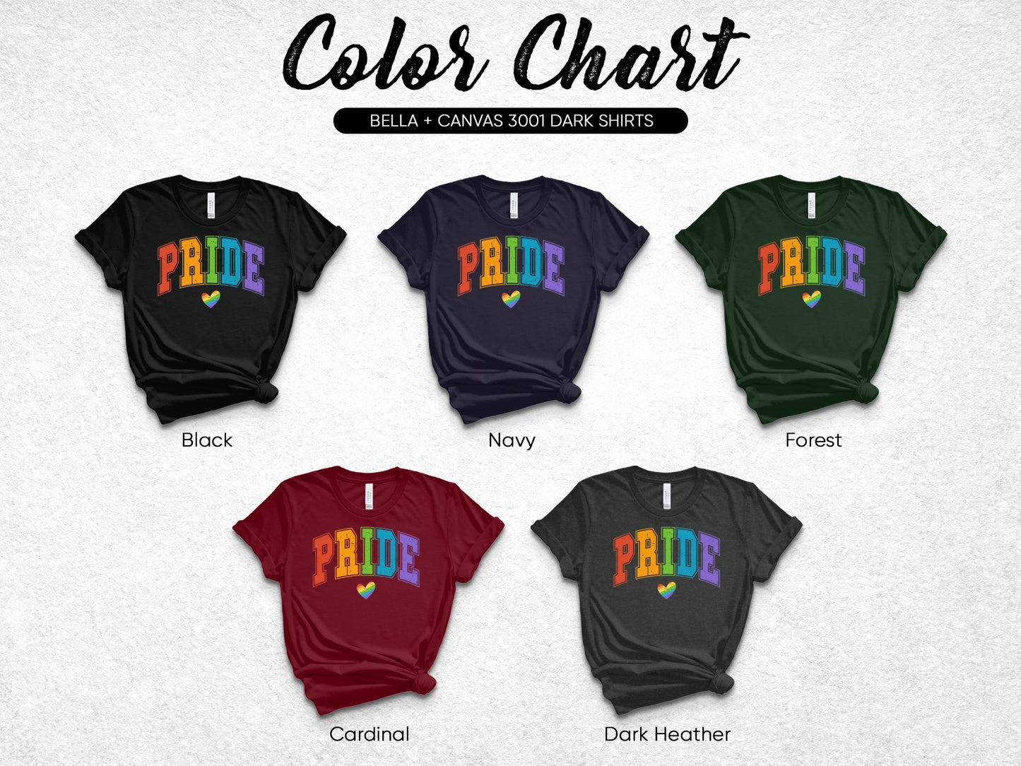 Color chart showing five t-shirts with "PRIDE" and a heart logo in different colors.