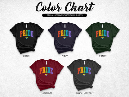 Color chart showing five t-shirts with "PRIDE" and a heart logo in different colors.