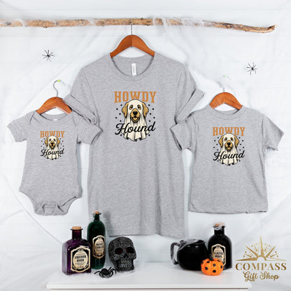 Three grey t-shirts and a bodysuit with "Howdy Hound" ghost dog graphic.