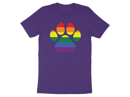 Purple t-shirt with a rainbow paw print graphic.