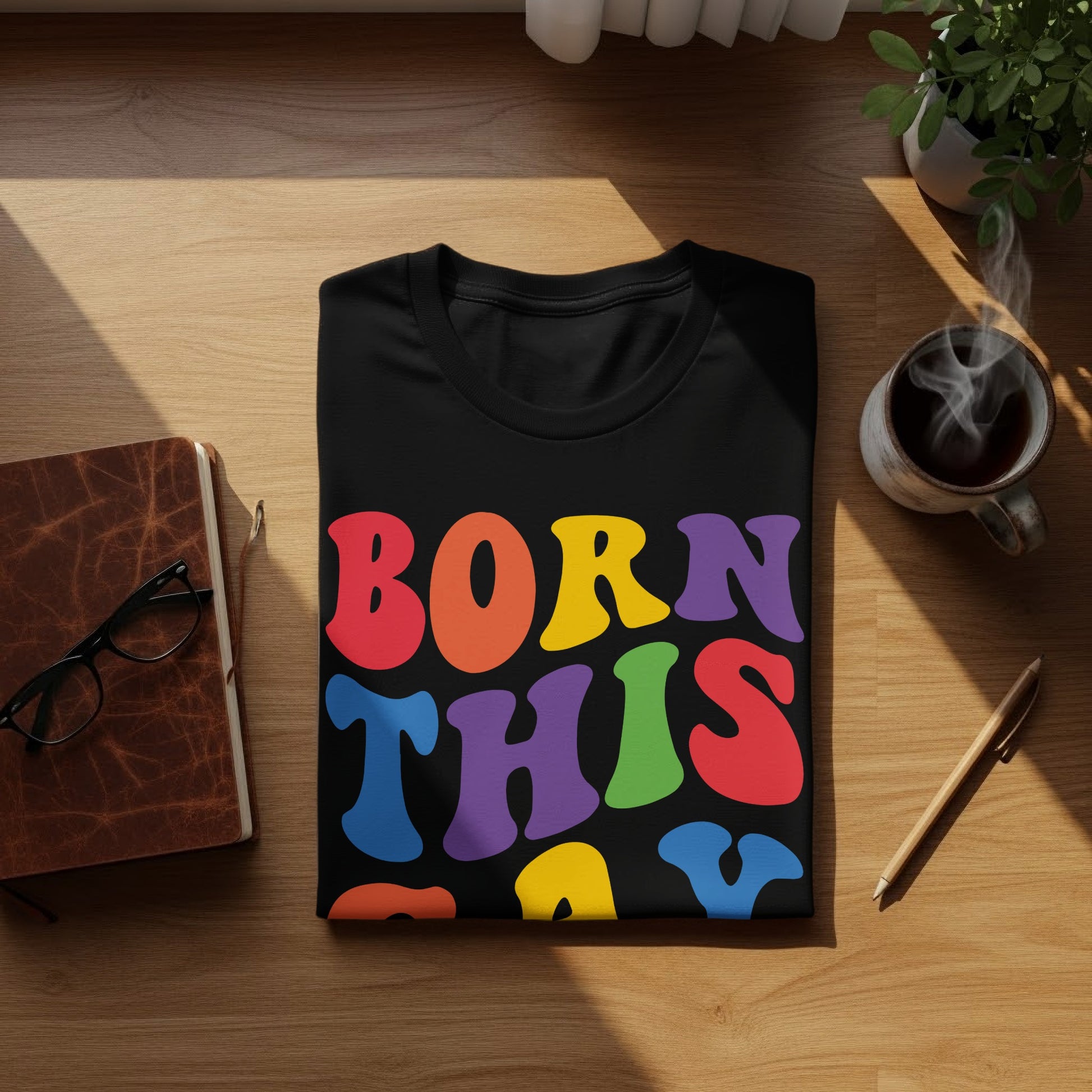 Black t-shirt with colorful text "Born This Way" on a wooden surface.