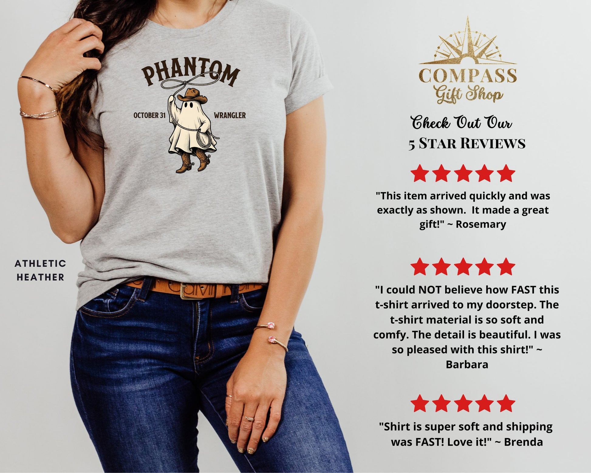 Grey athletic heather t-shirt with "Phantom" ghost cowboy graphic and customer reviews.