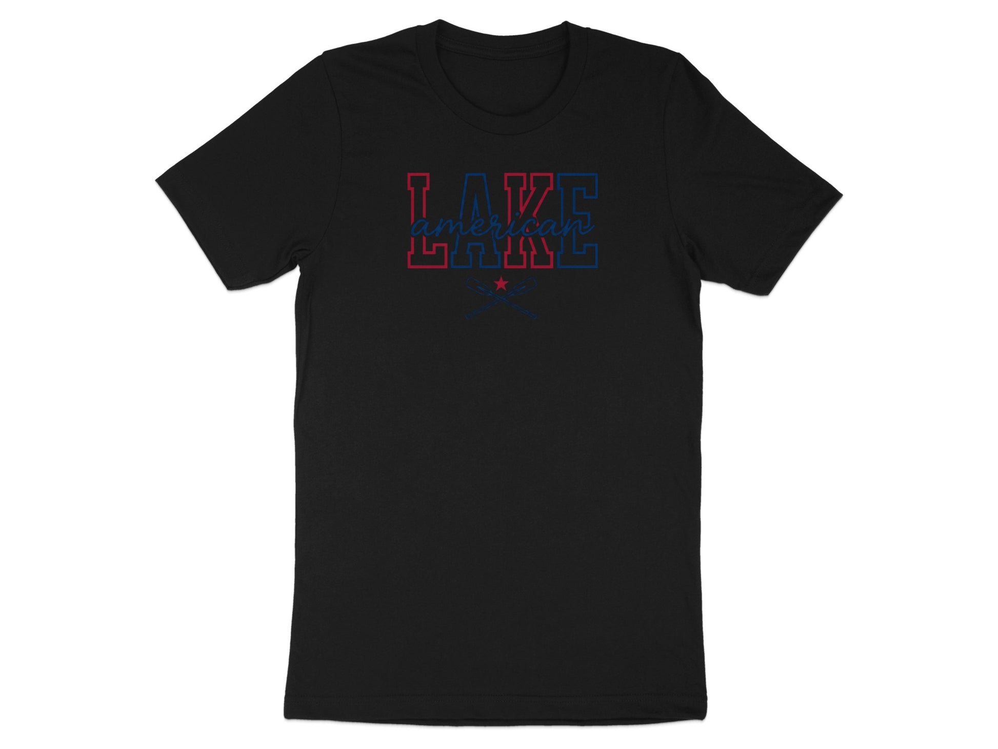 Black t-shirt with "LAKE" in blue and red block letters and "american" below.