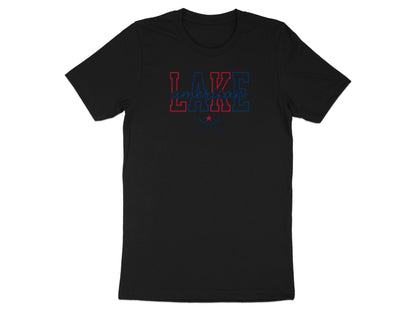 Black t-shirt with "LAKE" in blue and red block letters and "american" below.