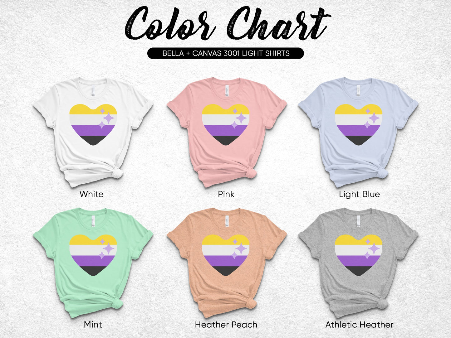 Color chart of Bella + Canvas 3001 light shirts in white, pink, light blue, mint, heather peach, and athletic heather.