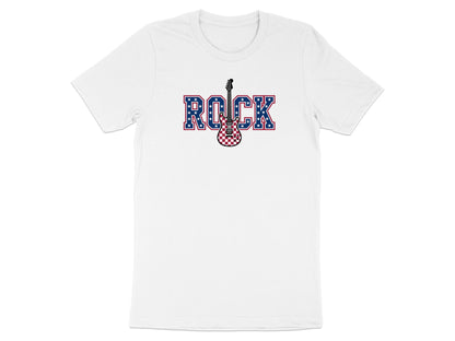 White t-shirt with "ROCK" in red, white, and blue checkerboard letters and a guitar.