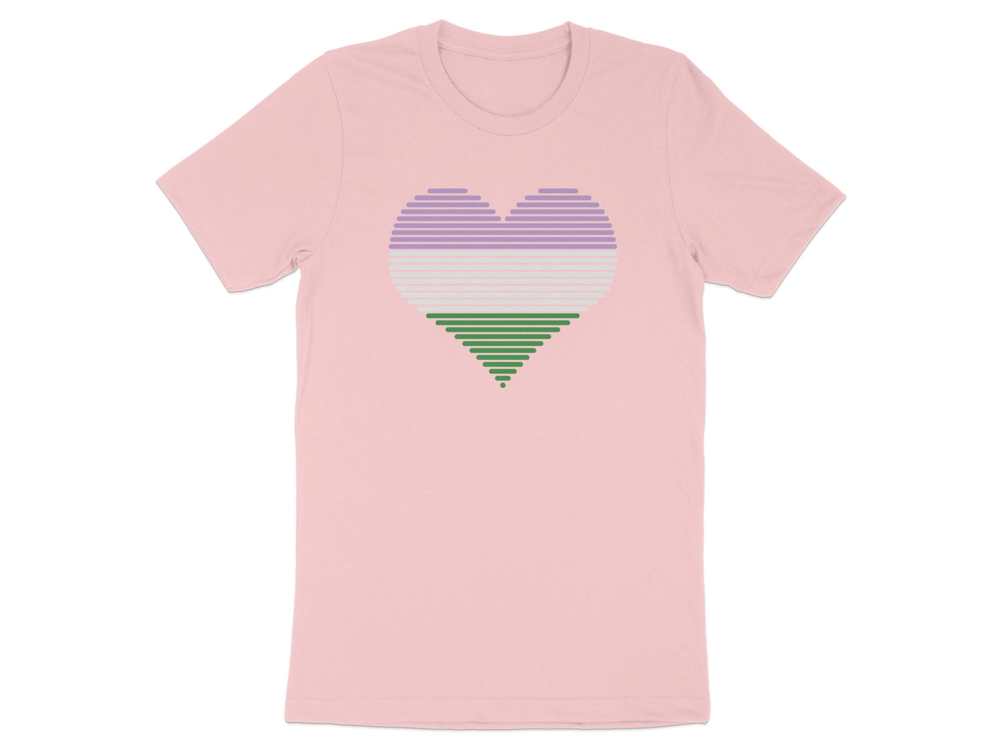Pink t-shirt with a striped heart in green, purple, and white.