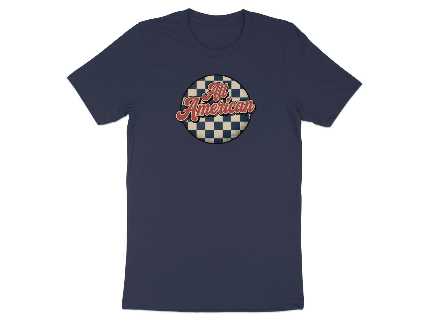 Navy t-shirt with "All American" text inside a checkered circle.