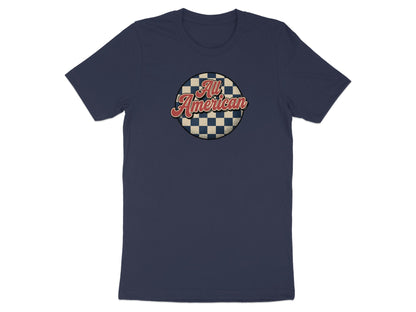 Navy t-shirt with "All American" text inside a checkered circle.