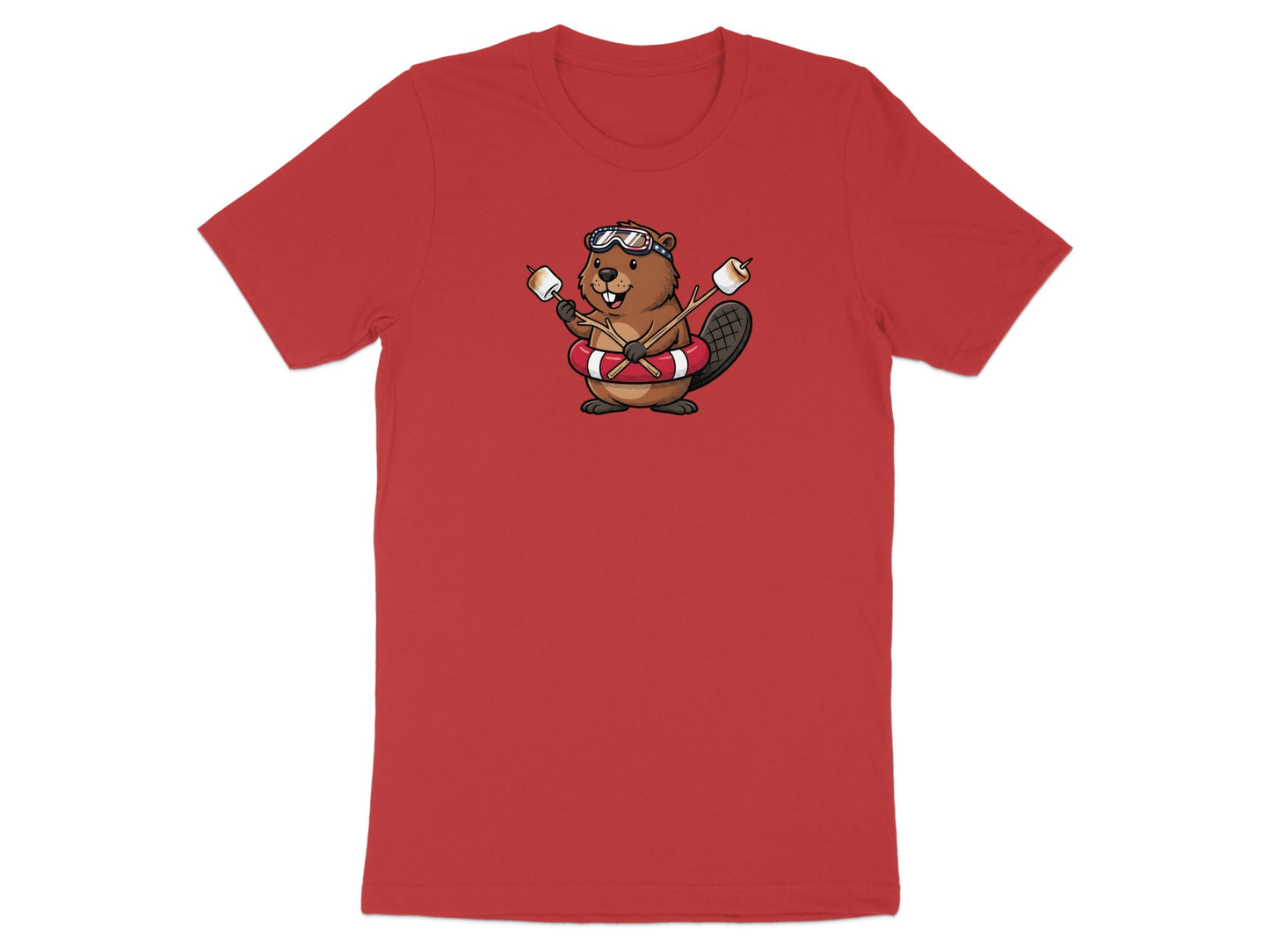 Cartoon beaver wearing goggles and a life preserver holding marshmallows on sticks.