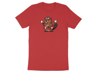 Cartoon beaver wearing goggles and a life preserver holding marshmallows on sticks.