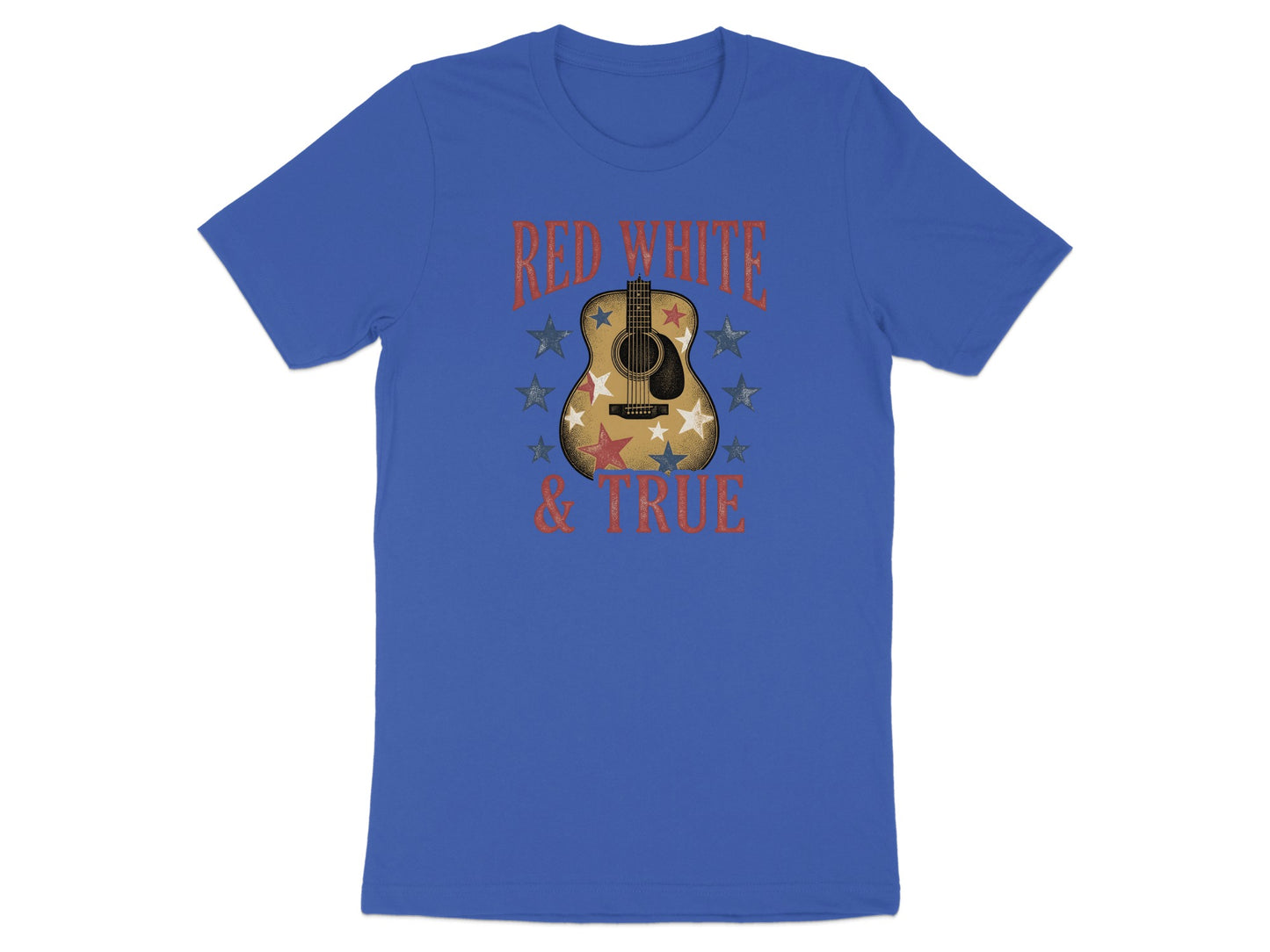 Blue t-shirt with guitar and stars, reads "RED WHITE & TRUE".