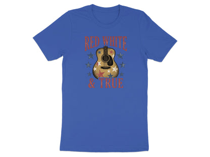 Blue t-shirt with guitar and stars, reads "RED WHITE & TRUE".