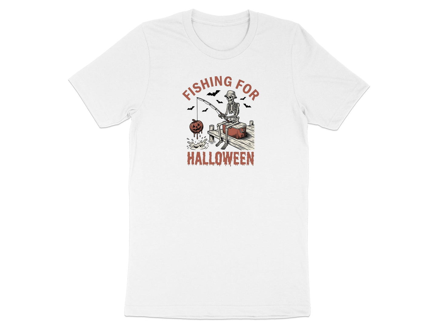 Skeleton fishing for Halloween with bats and a pumpkin.