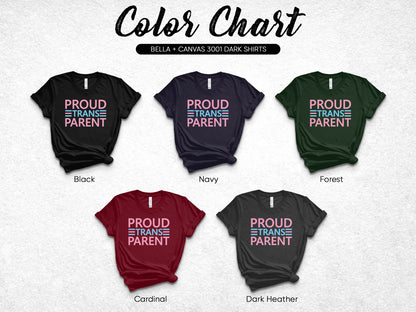 Color chart of Bella+Canvas 3001 dark shirts with "Proud Trans Parent" design.