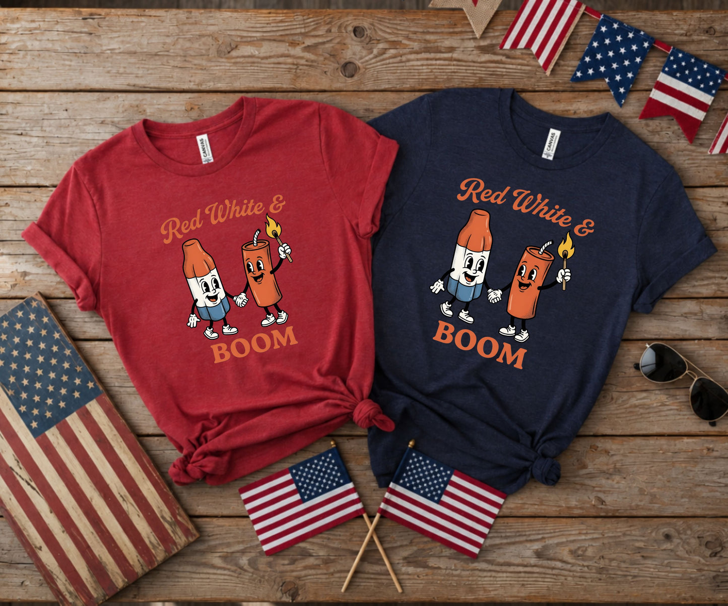 Red and navy t-shirts with "Red White & BOOM" text and cartoon fireworks.