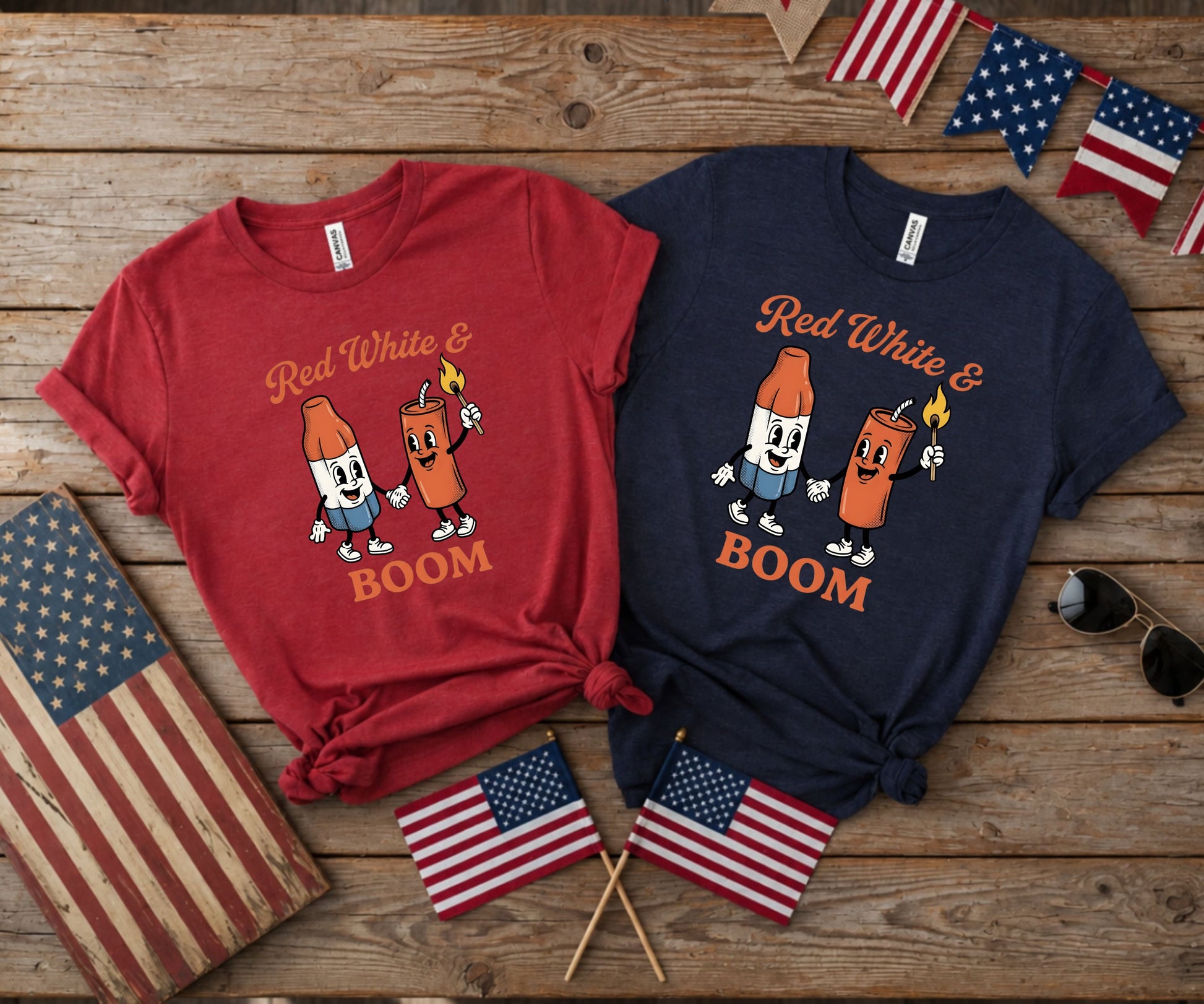 Red and navy t-shirts with "Red White & BOOM" text and cartoon fireworks.