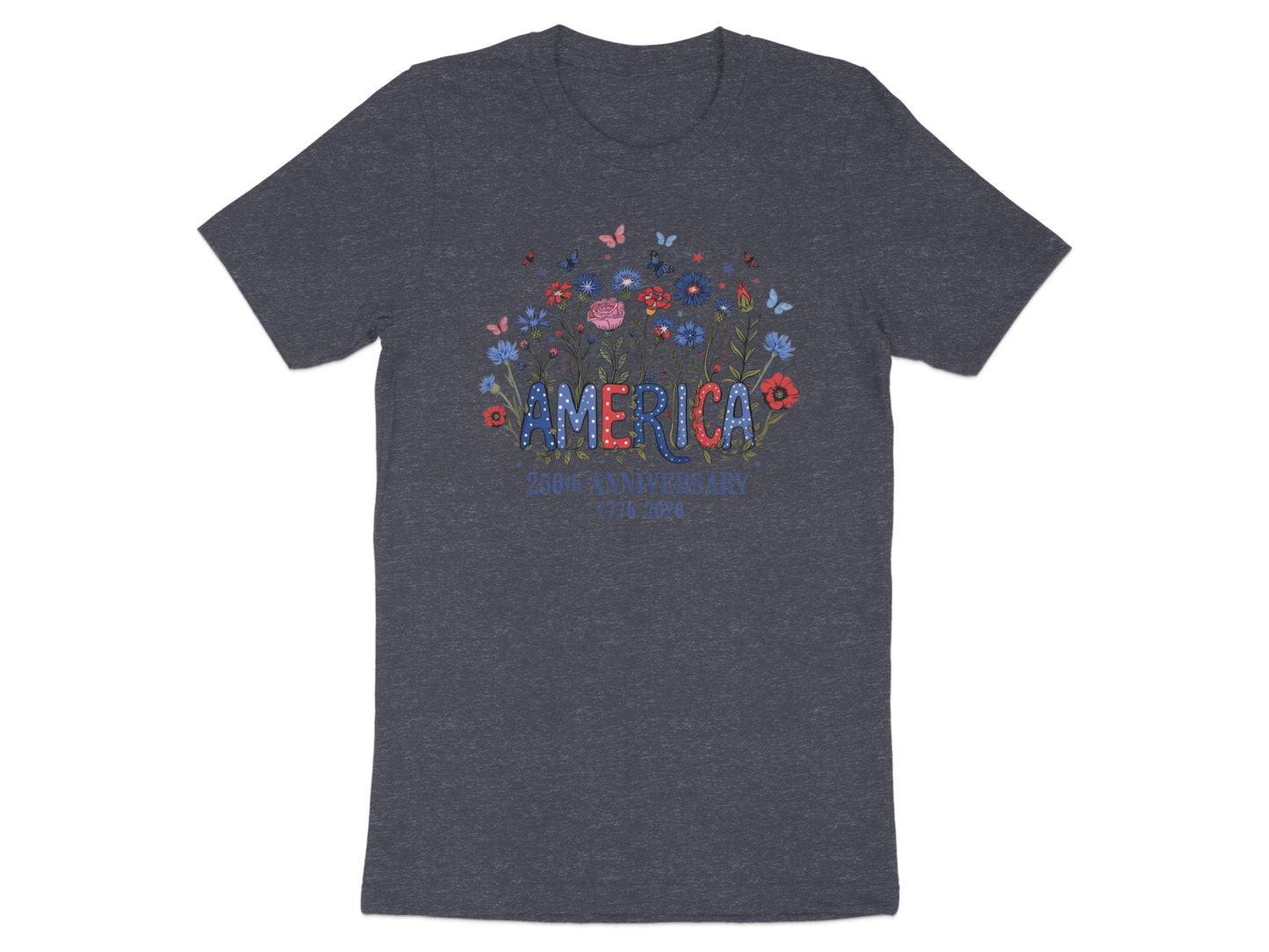 Dark t-shirt with "America 250th Anniversary 1776-2026" and floral design.
