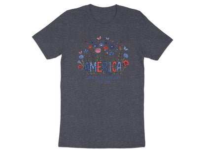 Dark t-shirt with "America 250th Anniversary 1776-2026" and floral design.