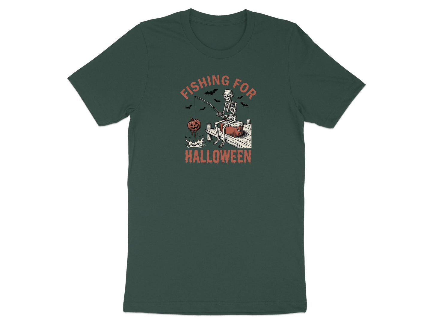 Skeleton fishing for Halloween with pumpkin and bats.