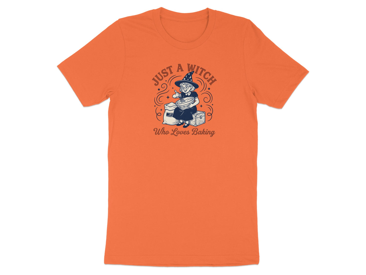 Orange t-shirt with a witch baking graphic and text "Just a Witch Who Loves Baking".
