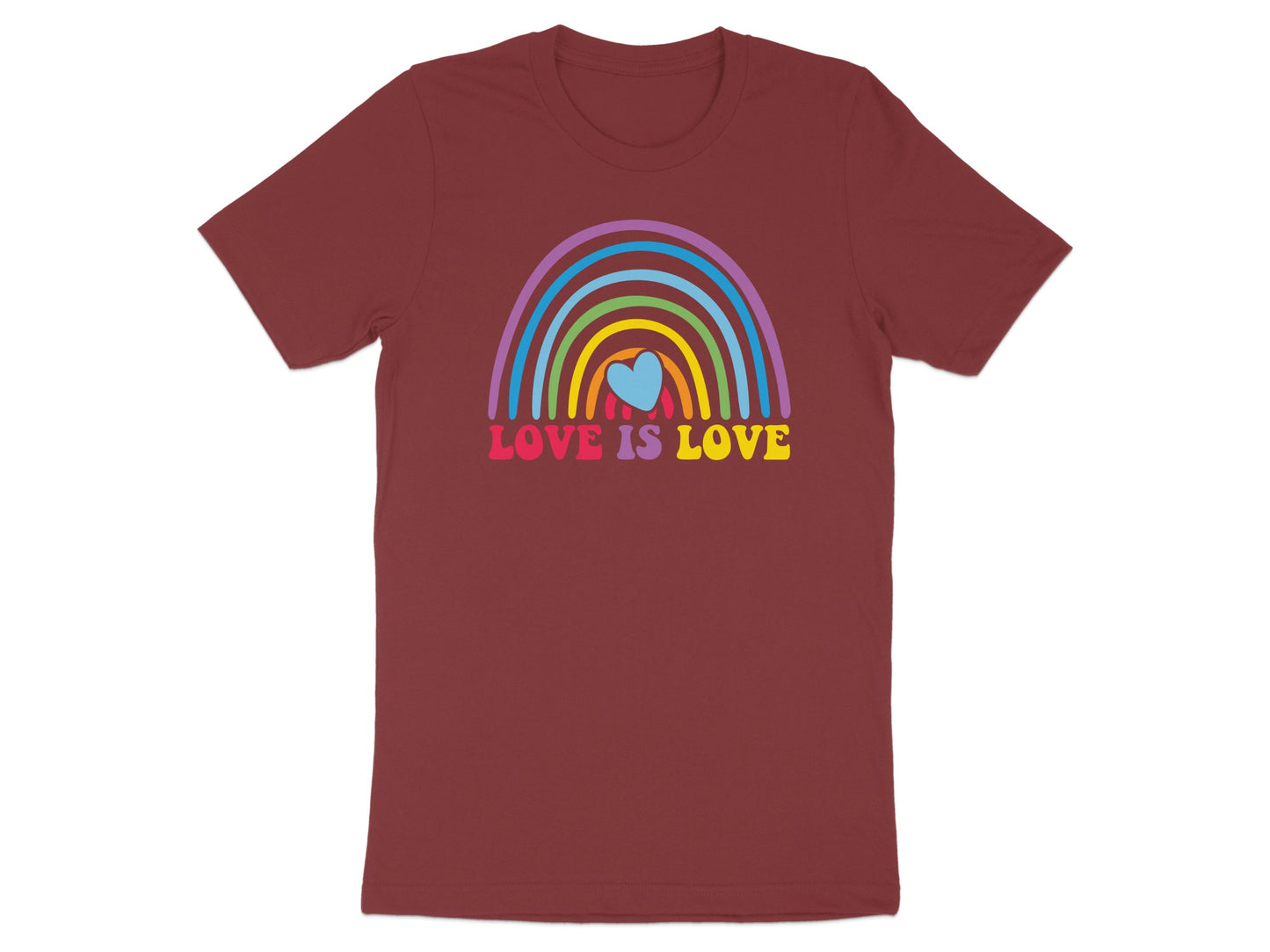 Burgundy t-shirt with rainbow and "LOVE IS LOVE" text.