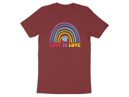 Burgundy t-shirt with rainbow and "LOVE IS LOVE" text.