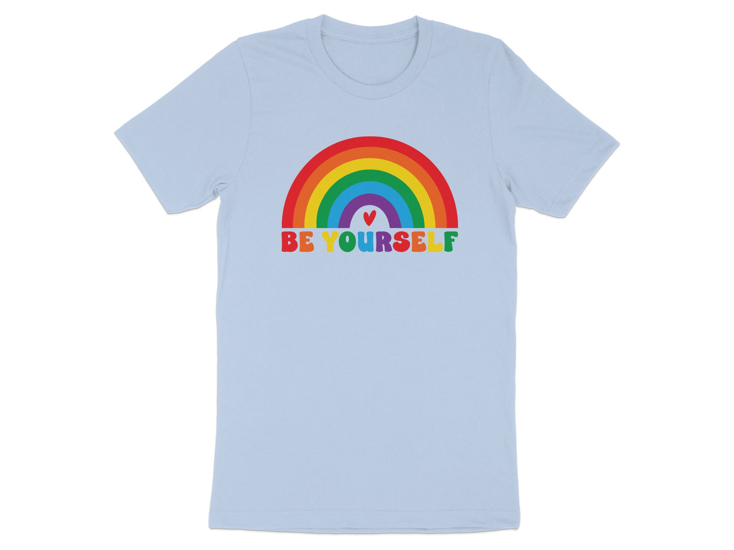 Light blue t-shirt with colorful rainbow and "BE YOURSELF" text.