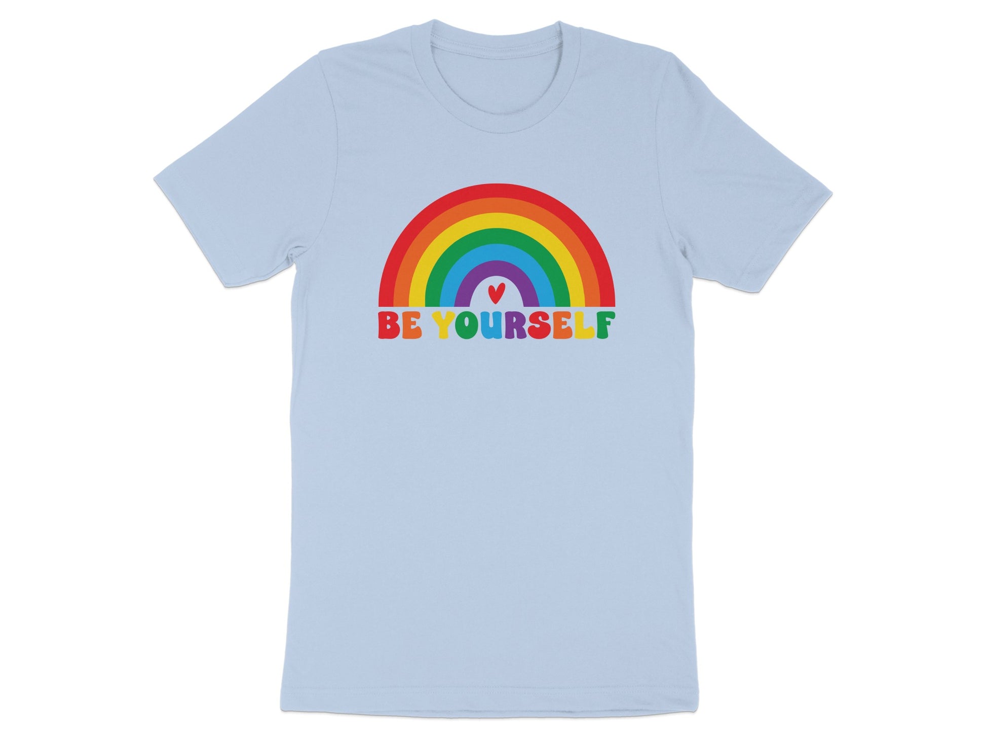 Light blue t-shirt with colorful rainbow and "BE YOURSELF" text.