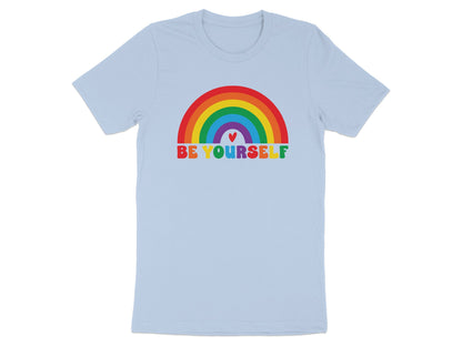 Light blue t-shirt with colorful rainbow and "BE YOURSELF" text.