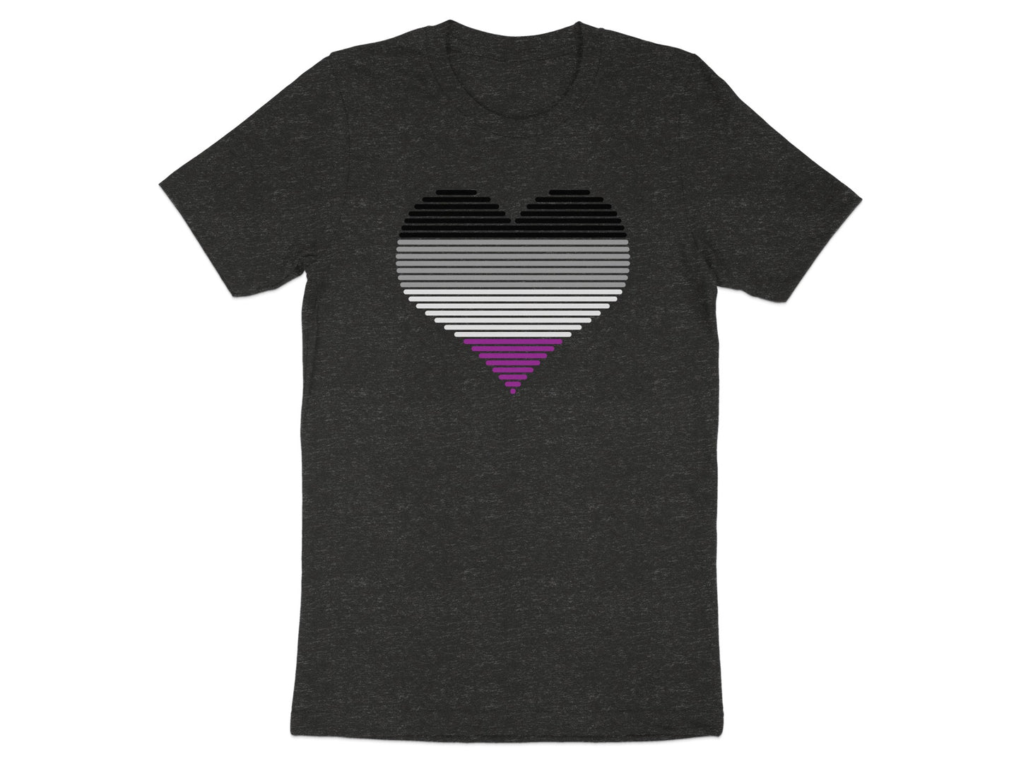 Dark t-shirt with a horizontally striped asexual pride heart design.