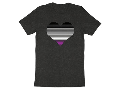 Dark t-shirt with a horizontally striped asexual pride heart design.