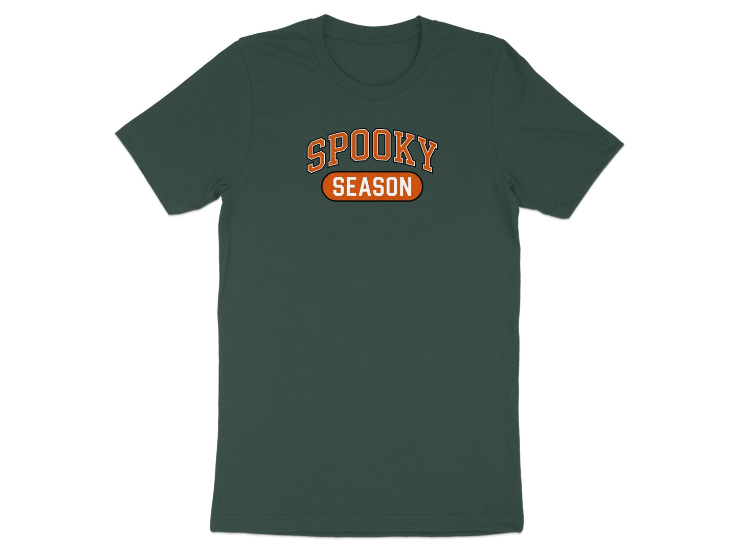 Dark green t-shirt with "SPOOKY SEASON" text in orange collegiate style font.