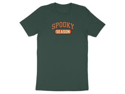 Dark green t-shirt with "SPOOKY SEASON" text in orange collegiate style font.