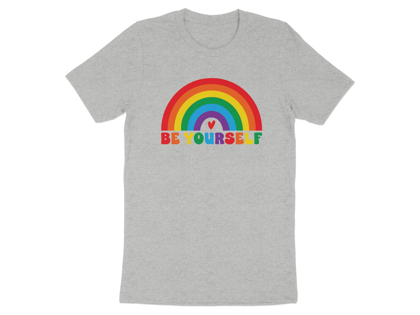 Gray t-shirt with rainbow and "BE YOURSELF" text.