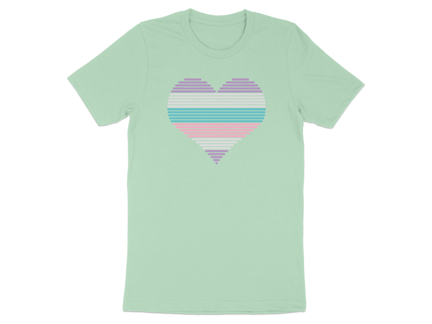 Mint green t-shirt with a striped heart in transgender flag colors.
