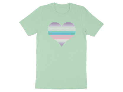 Mint green t-shirt with a striped heart in transgender flag colors.